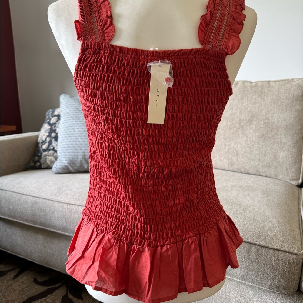 Adiva tank top style orange ruffle details size small NWTS spandex back - Picture 2 of 4